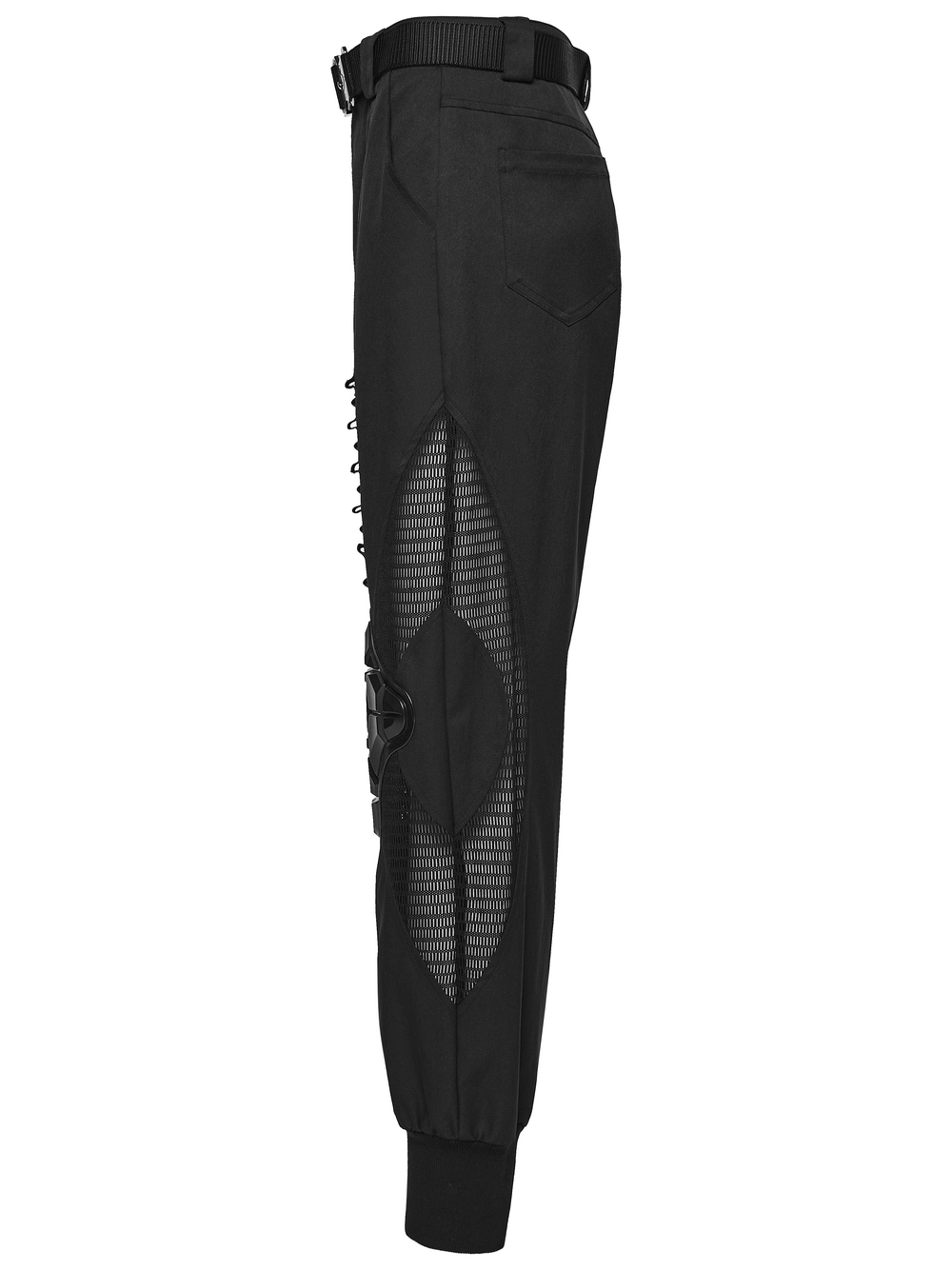 Cyberpunk Mesh Cargo Jogger Pants with Rubber Knees side view showcasing mesh panels and adjustable waistband.