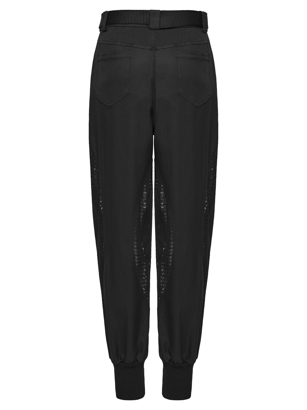 Cyberpunk Mesh Cargo Jogger Pants with Rubber Knees, showcasing back view with mesh panels and ribbed cuffs.