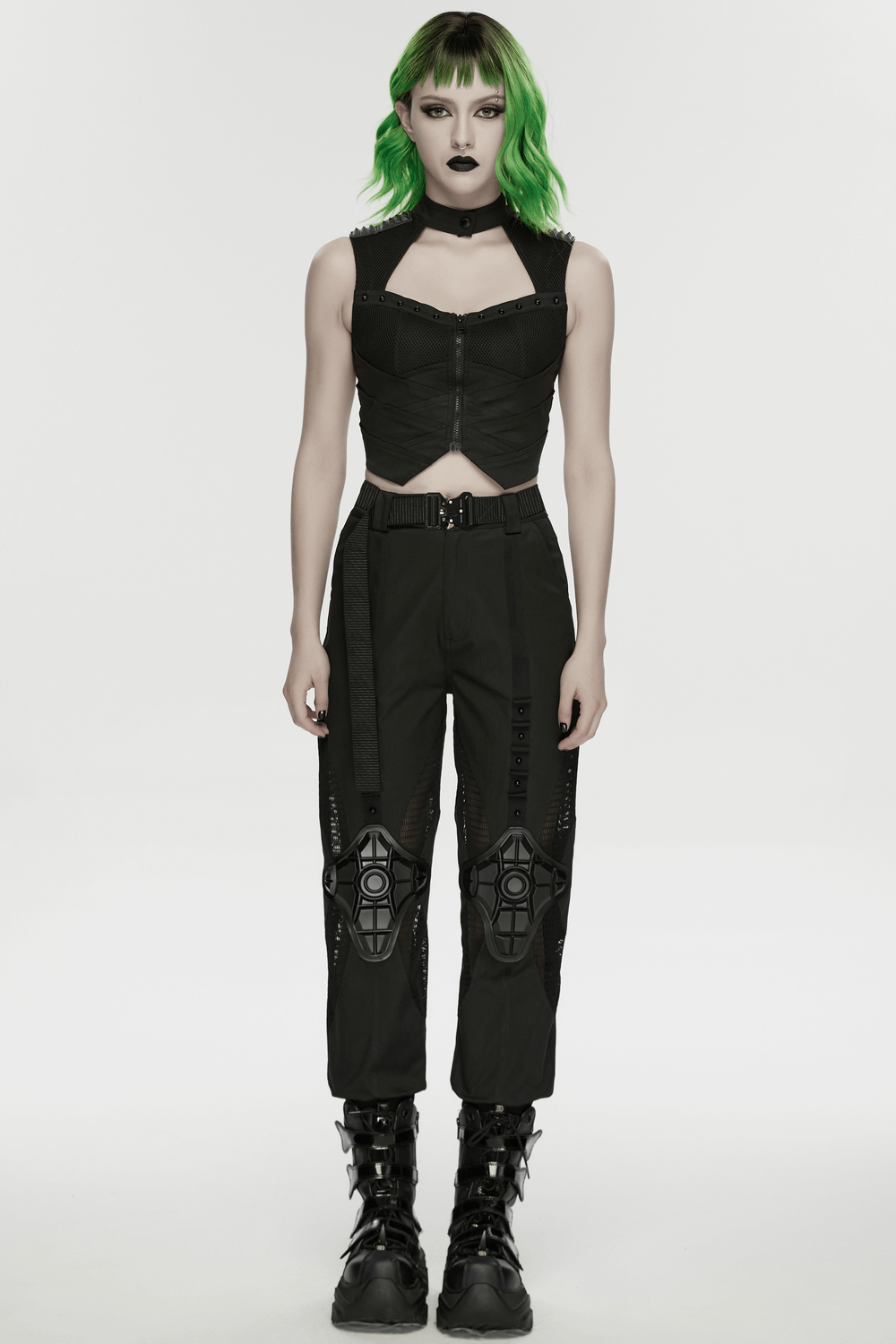 Cyberpunk Mesh Halter Top with Studs and Zipper on model with green hair and edgy fashion.