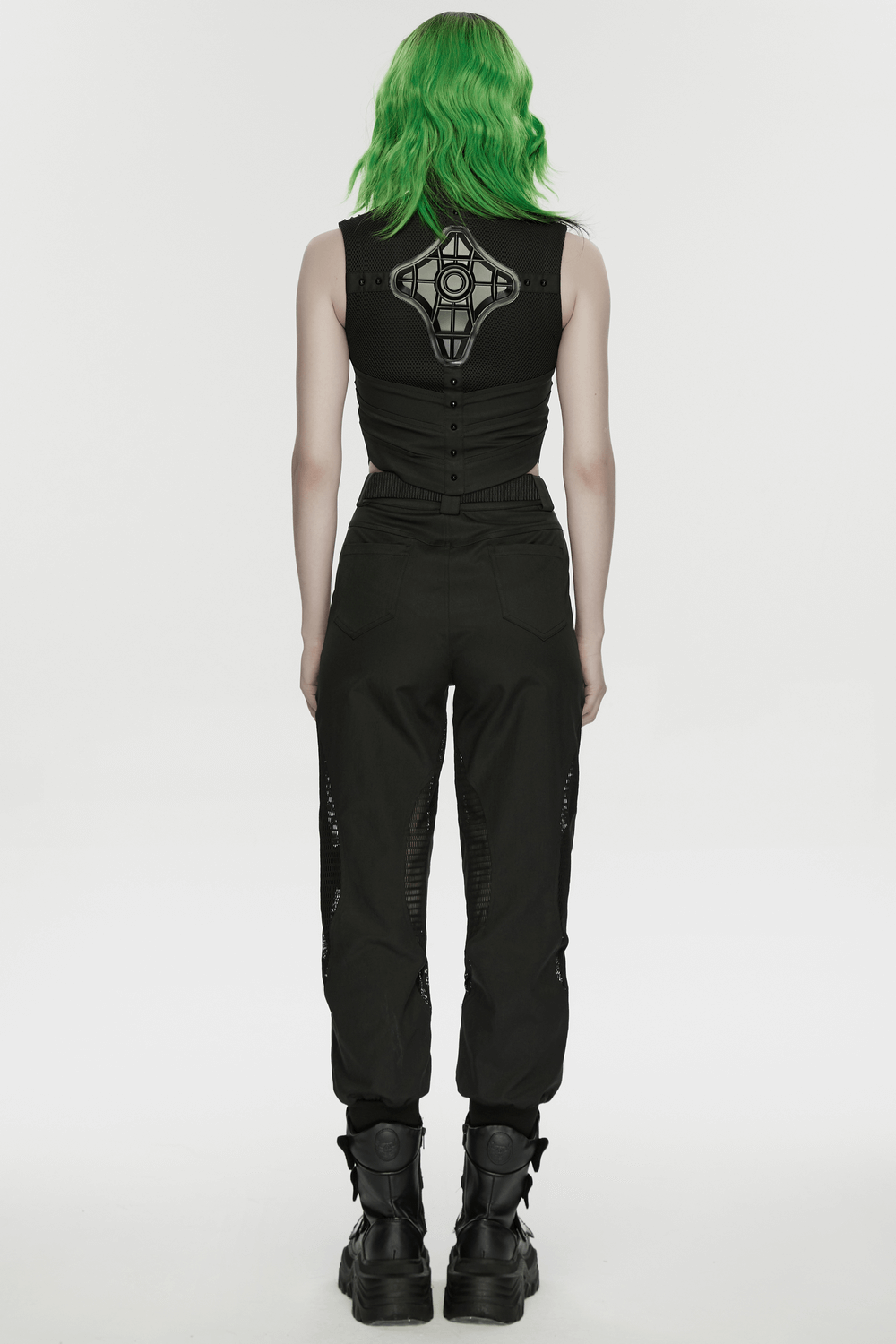 Back view of a model wearing a Cyberpunk Mesh Halter Top with Studs and Zipper, showcasing the armor back detail.