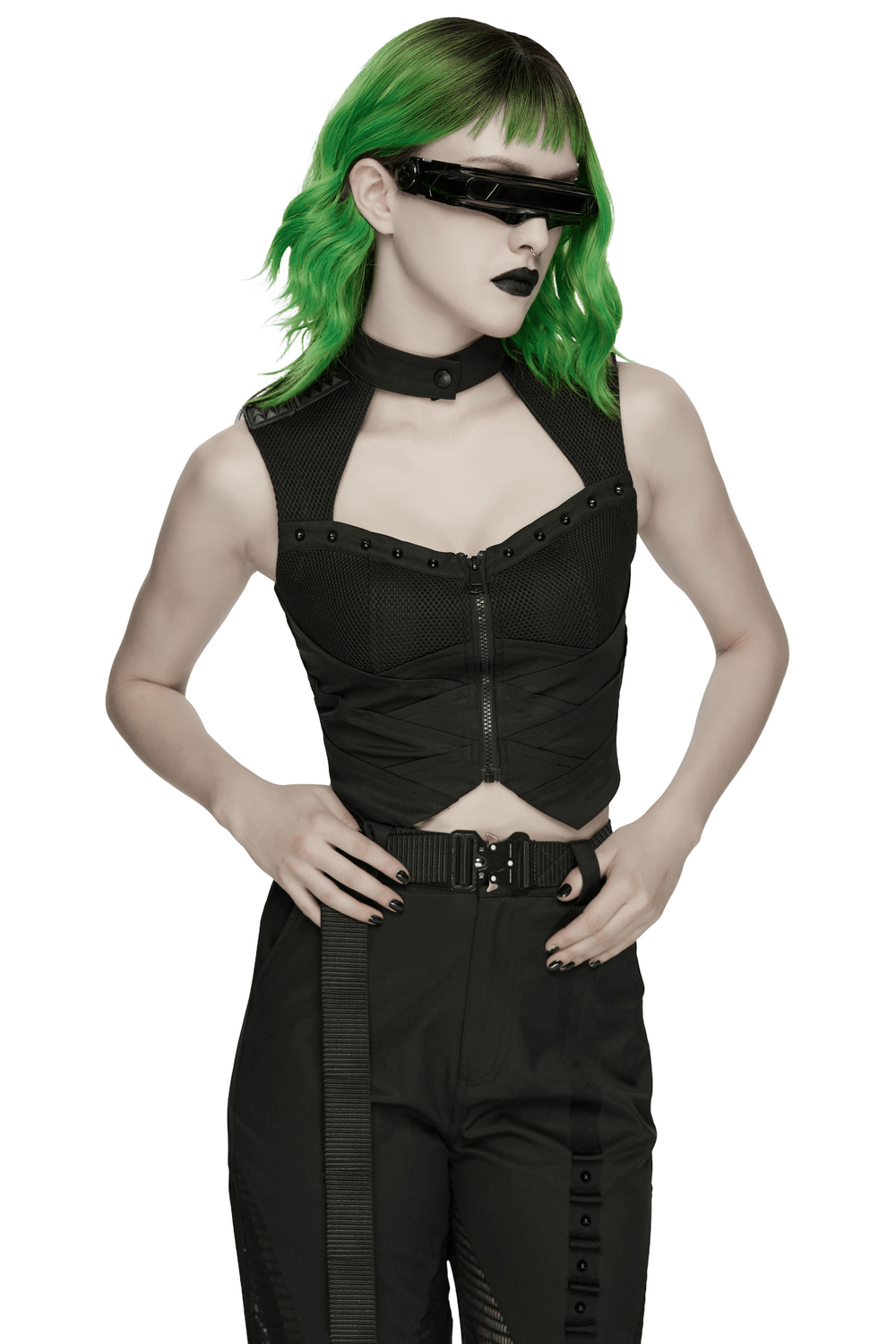 Cyberpunk Mesh Halter Top with Studs and Zipper worn by model with green hair and futuristic sunglasses.