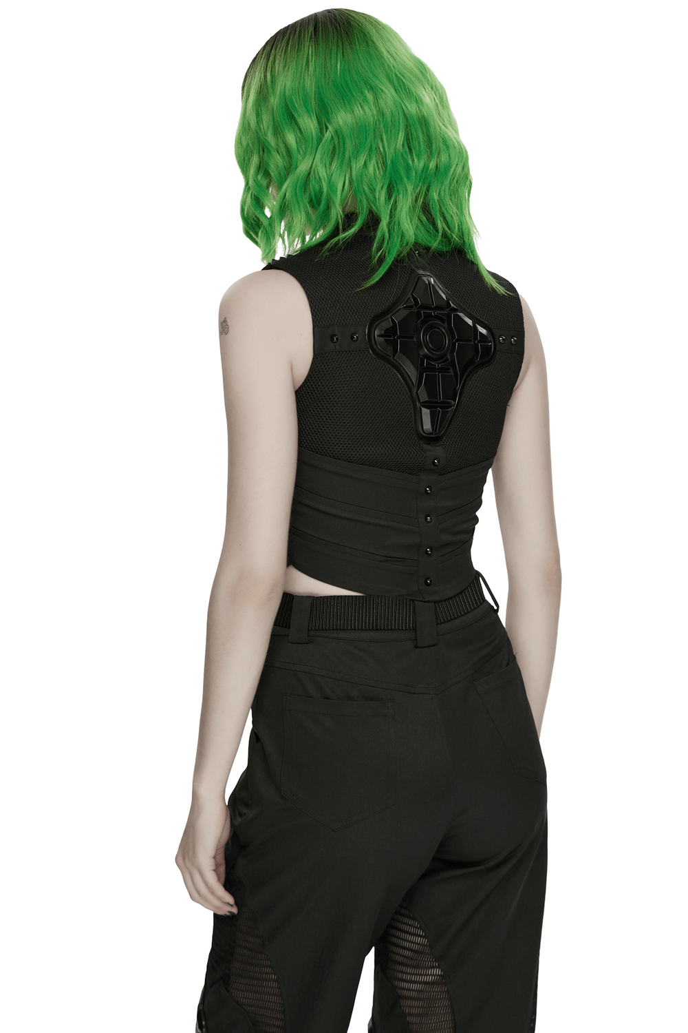 Back view of Cyberpunk Mesh Halter Top with Studs and Zipper showcasing armor detail and sleek design.