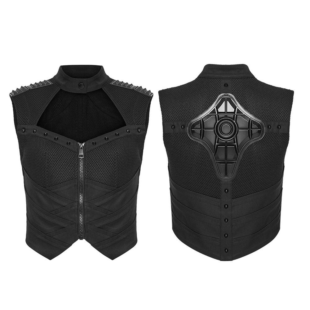 Cyberpunk Mesh Halter Top with Studs and Zipper, featuring armor details and a front zip in sleek black design.