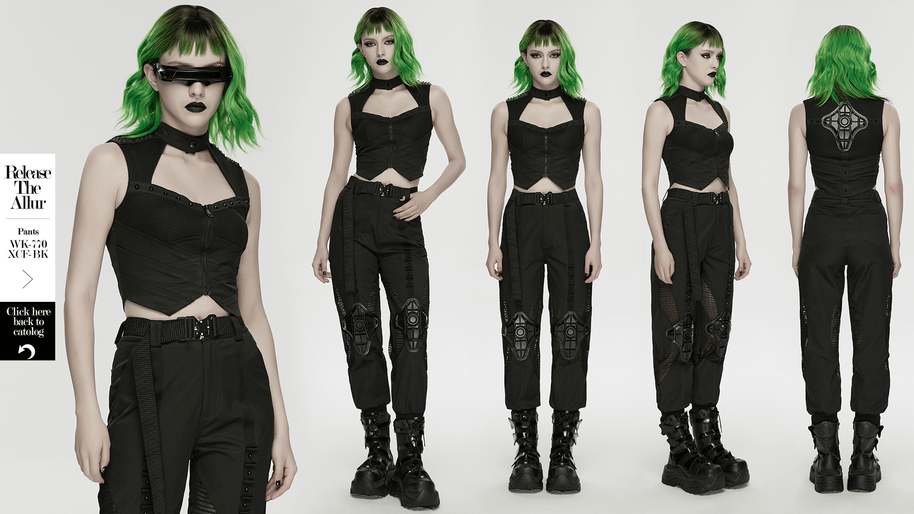 Cyberpunk Mesh Halter Top with Studs and Zipper showcased on a model with green hair, featuring industrial design elements.