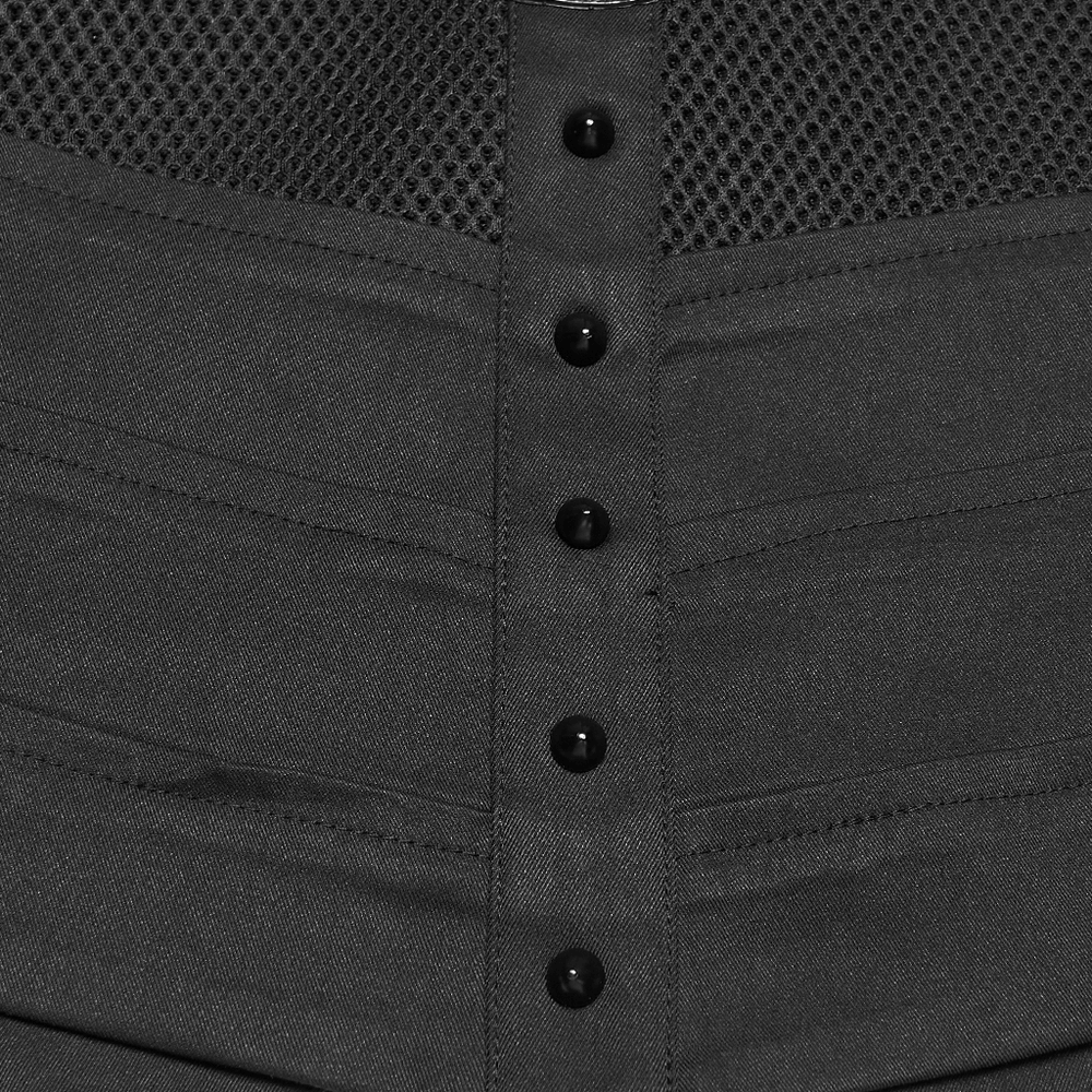 Close-up of Cyberpunk Mesh Halter Top with Studs and Zipper showcasing buttons and mesh detail.