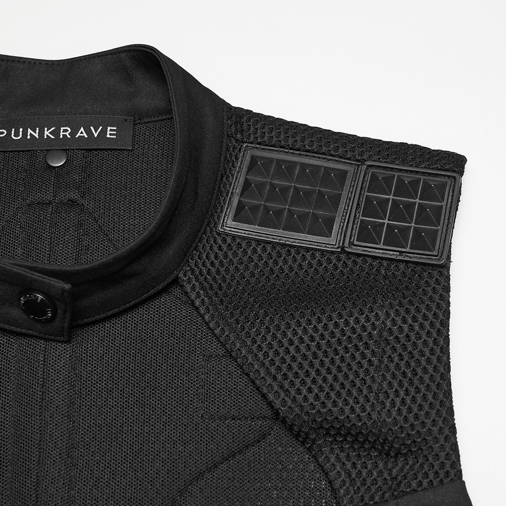 Cyberpunk Mesh Halter Top with Studs and Zipper close-up showing armor details and mesh fabric texture.