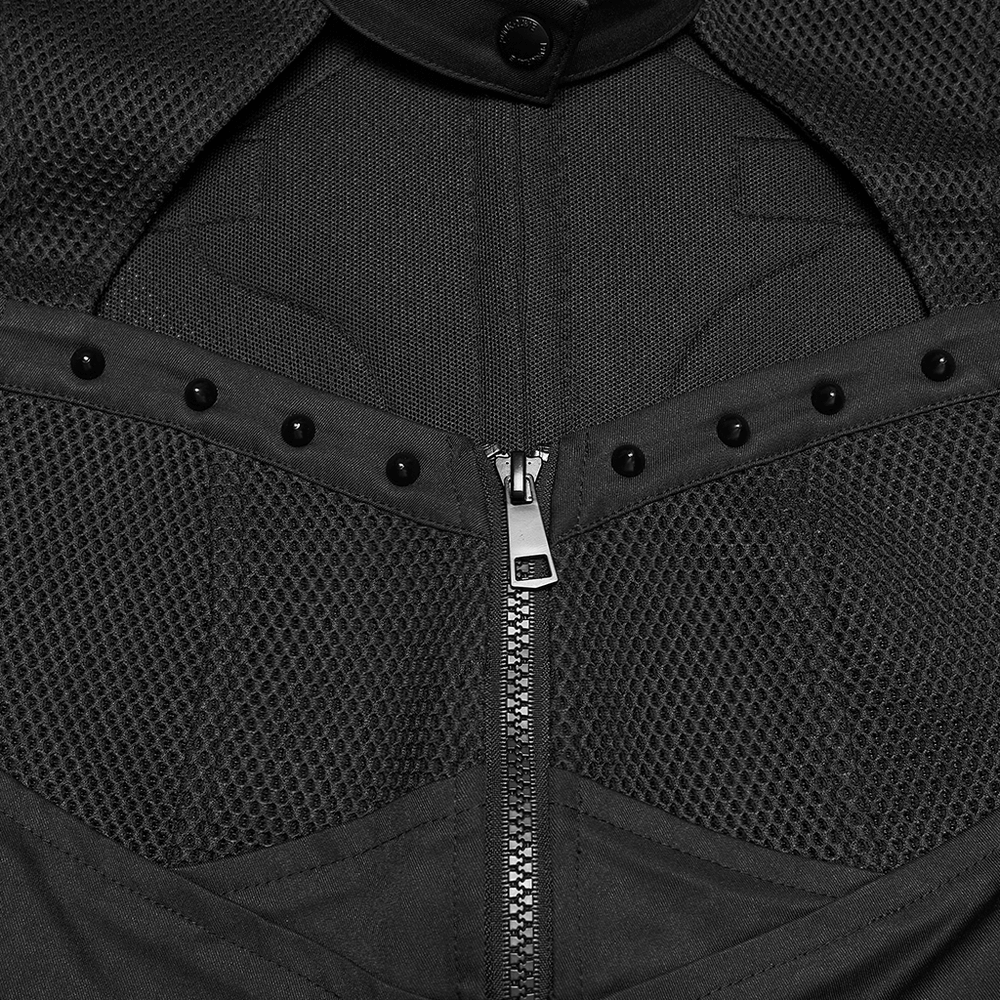 Close-up of the Cyberpunk Mesh Halter Top with Studs and Zipper featuring mesh fabric and precision studs details.