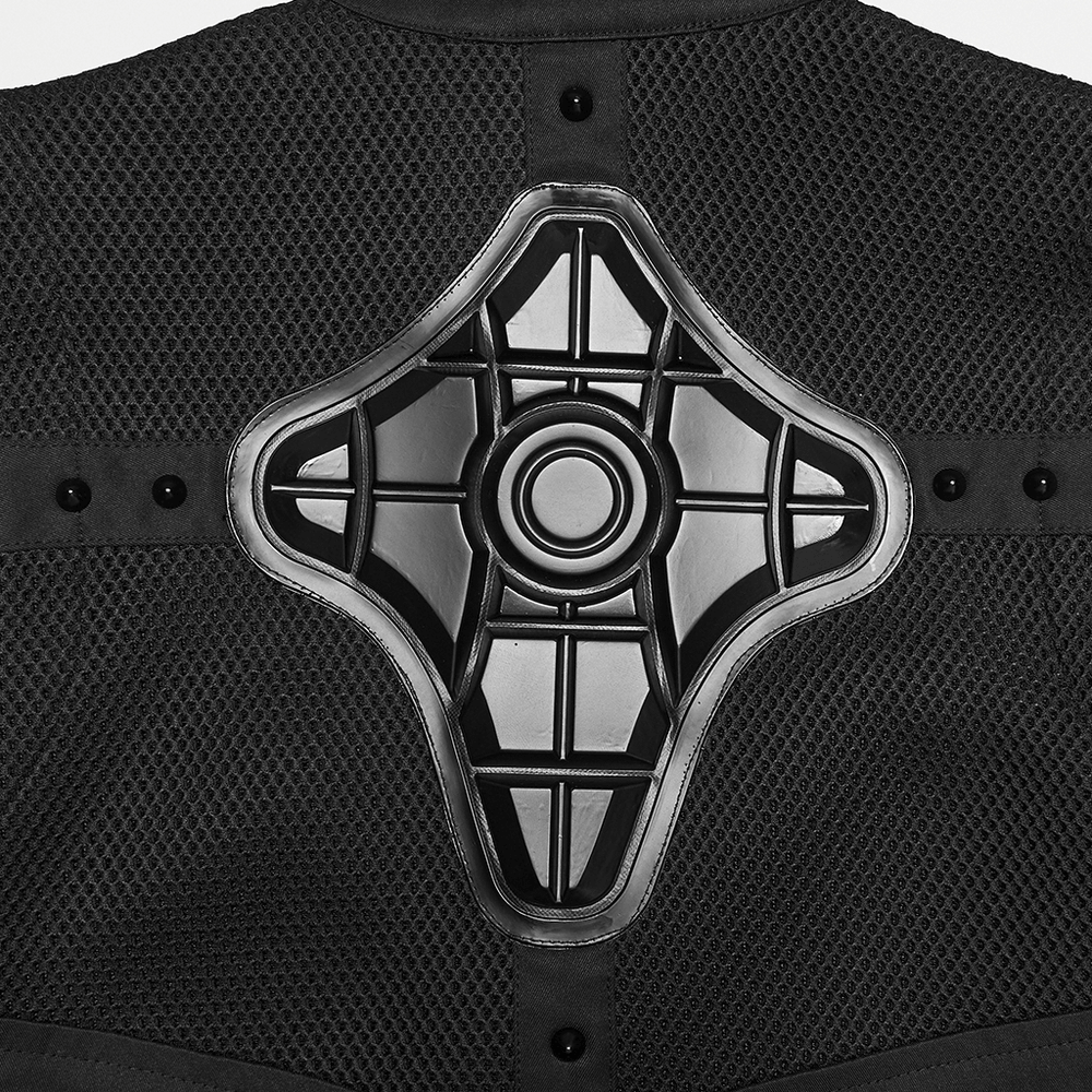 Back view of Cyberpunk Mesh Halter Top with Studs and Zipper showcasing the unique armor design.