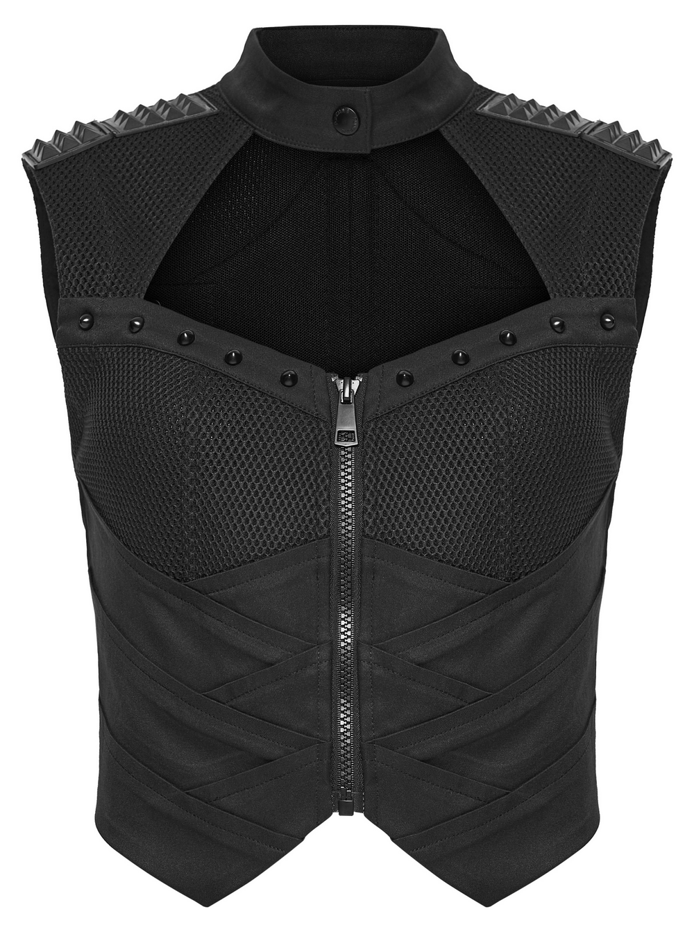 Cyberpunk Mesh Halter Top with Studs and Zipper featuring armor back and precision studs for a futuristic look.