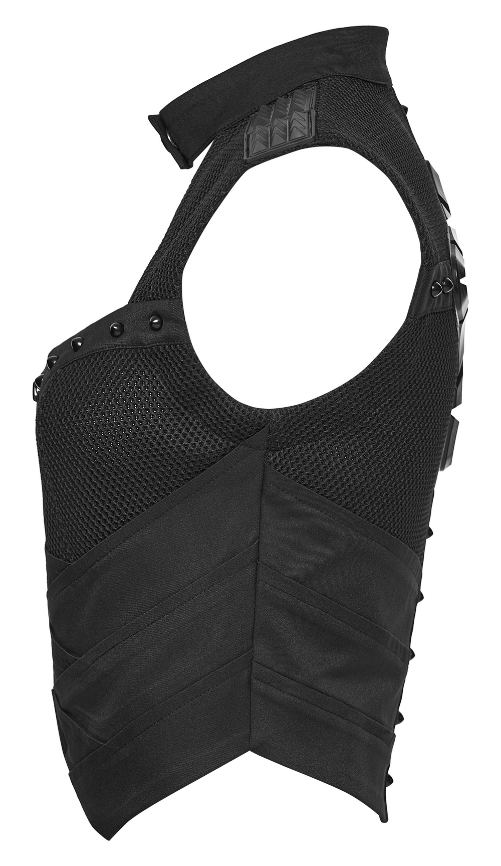 Cyberpunk Mesh Halter Top with Studs and Zipper showcasing armor details and sleek mesh design.