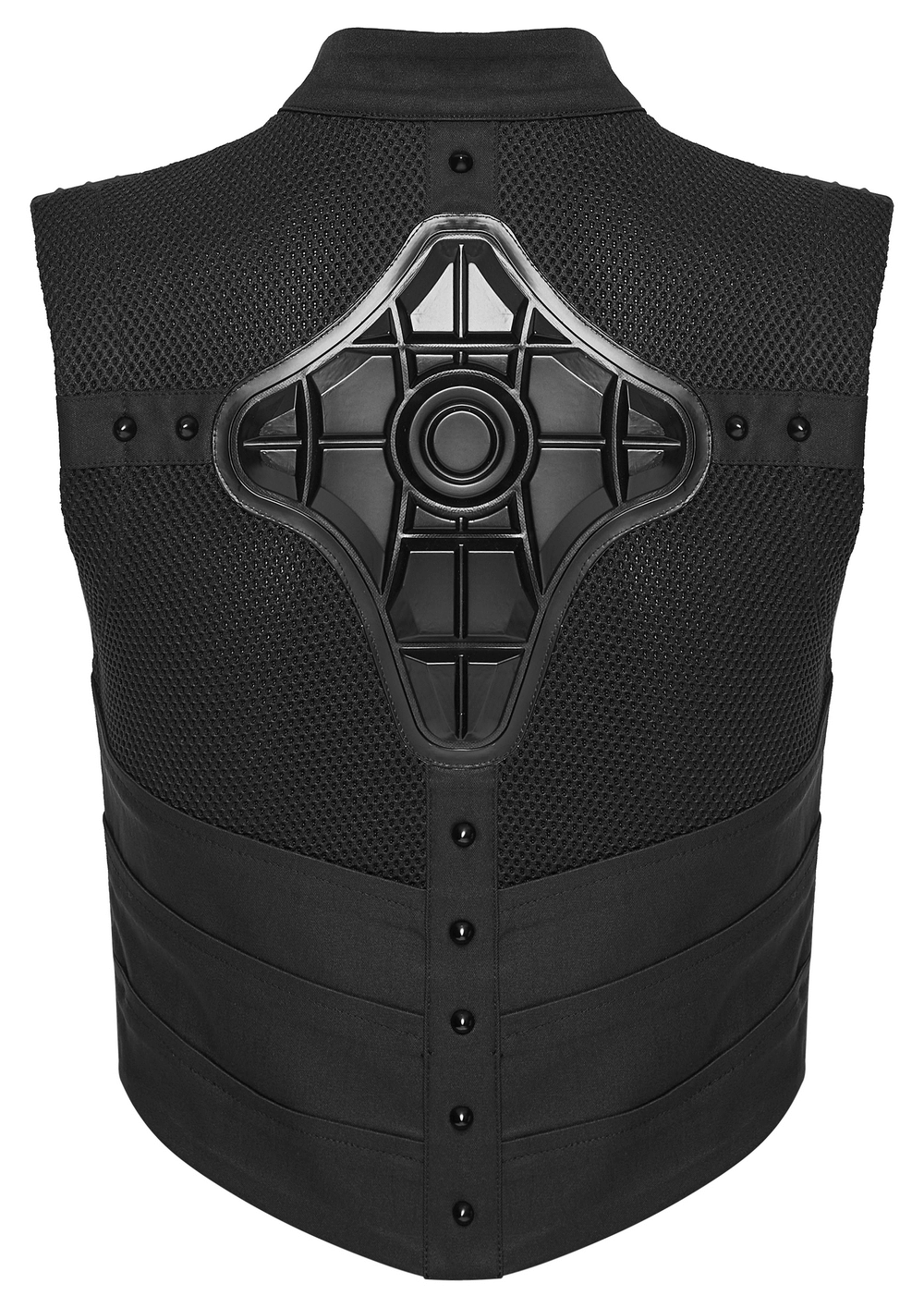 Cyberpunk Mesh Halter Top with Studs and Zipper back view showcasing armor detail and mesh fabric.