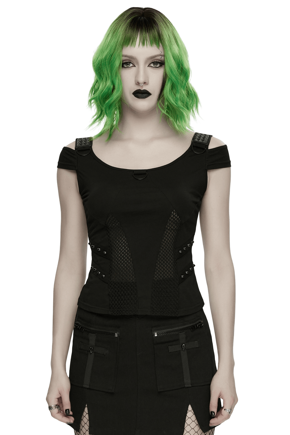 Cyberpunk Mesh Panel Short Sleeved T-Shirt for Women featuring bold buckles and textured mesh panels.
