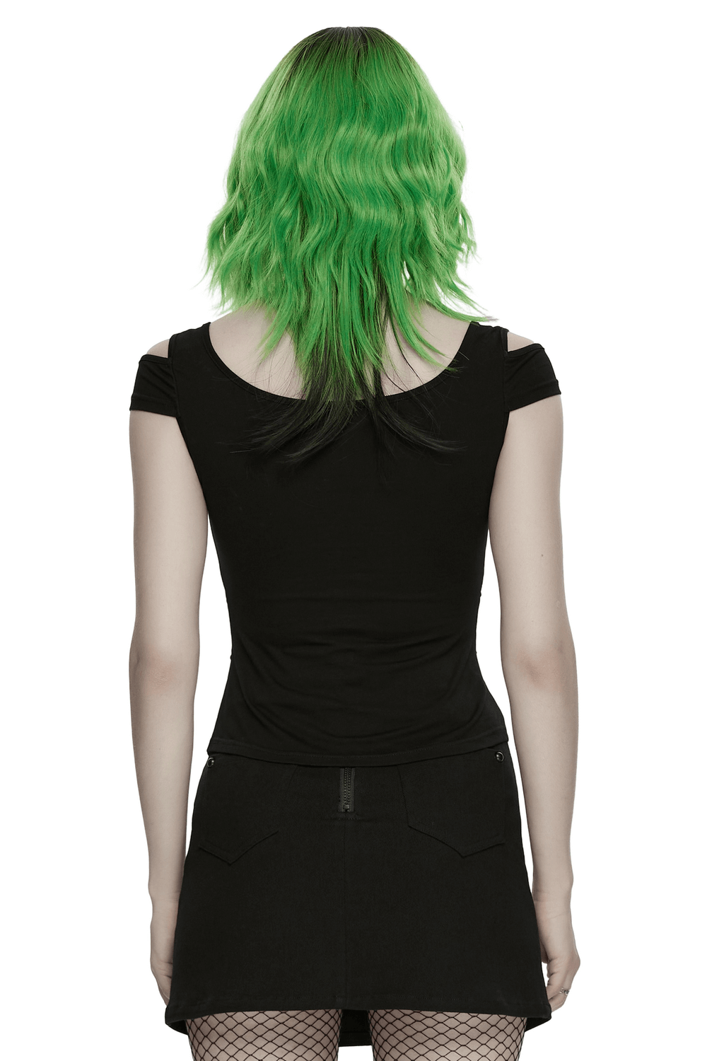 Cyberpunk Mesh Panel Short Sleeved T-Shirt for Women showcased from the back, featuring a stylish black design.