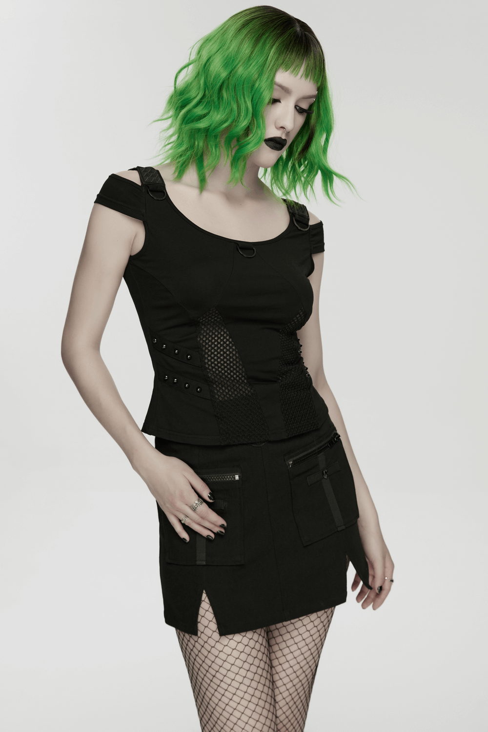 Cyberpunk Mesh Panel Short Sleeved T-Shirt for Women worn by model with green hair styled in punk fashion.