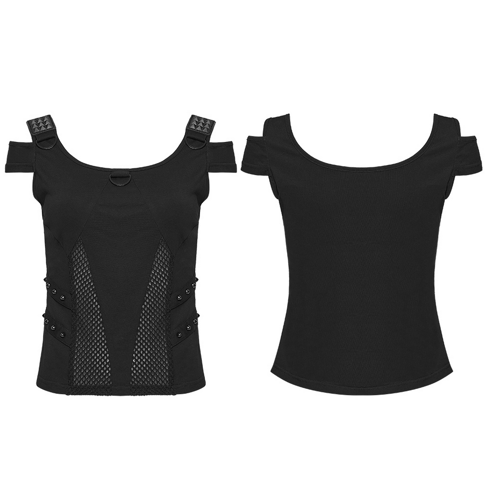 Cyberpunk Mesh Panel Short Sleeved T-Shirt for Women featuring buckles and mesh details.