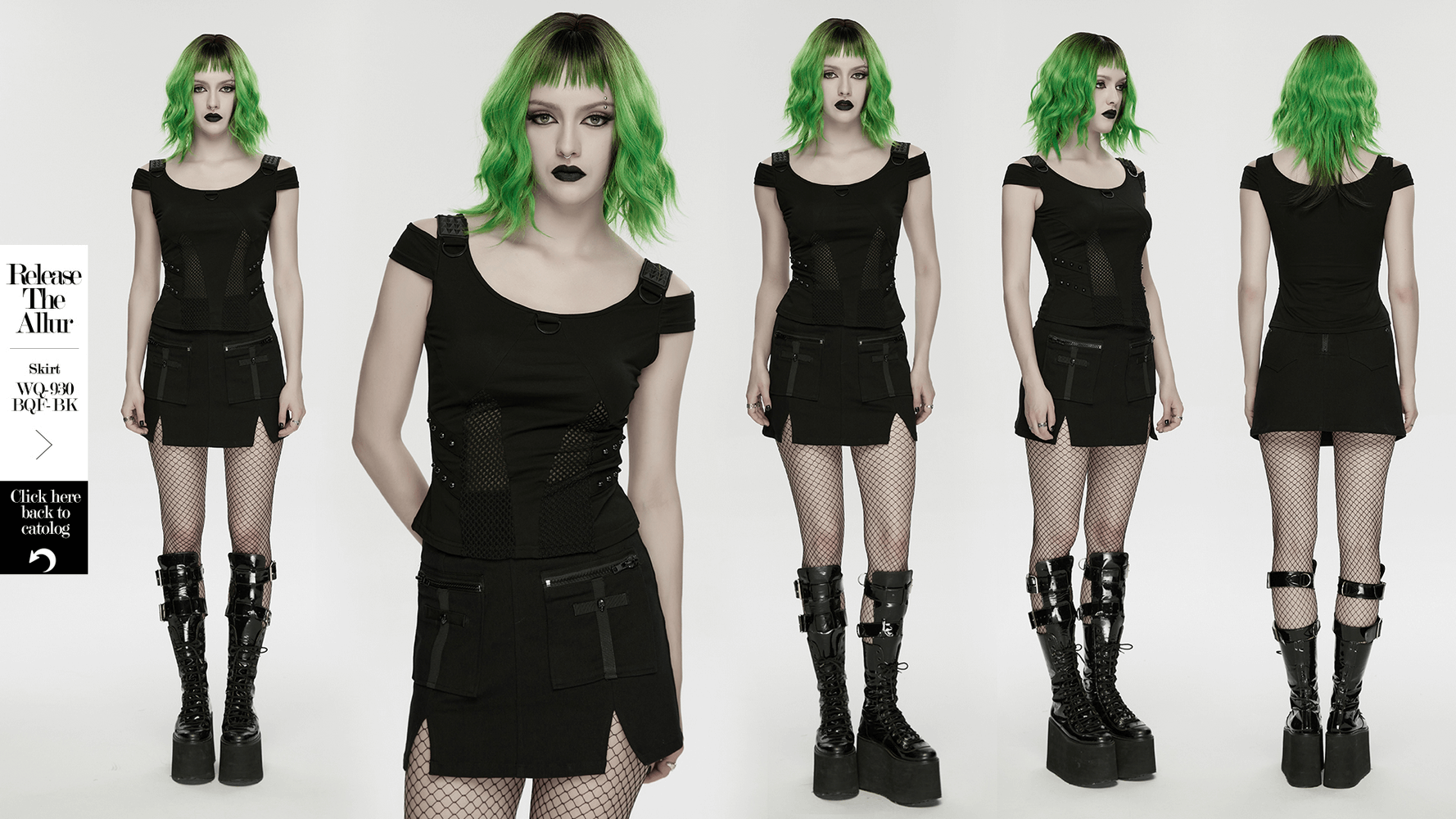 Cyberpunk Mesh Panel Short Sleeved T-Shirt for Women modeled by a model with green hair showcasing layered style and punk elements.