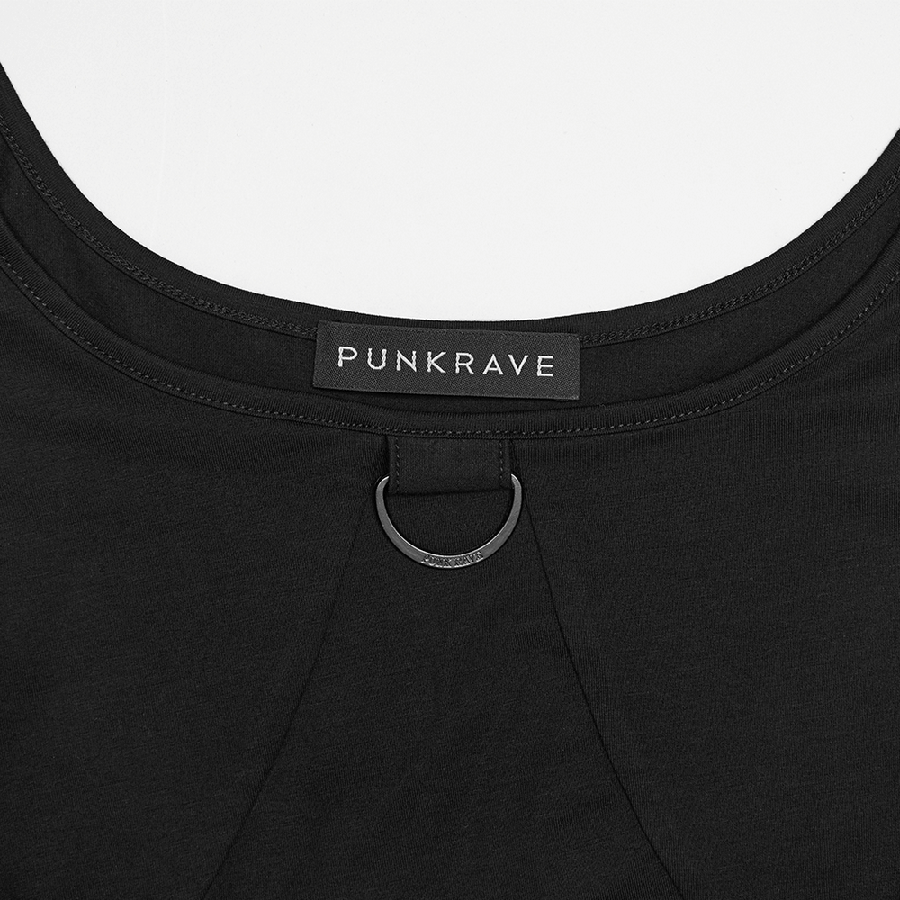 Close-up of Cyberpunk Mesh Panel Short Sleeved T-Shirt for Women featuring PUNKRAVE label and D-ring detail.