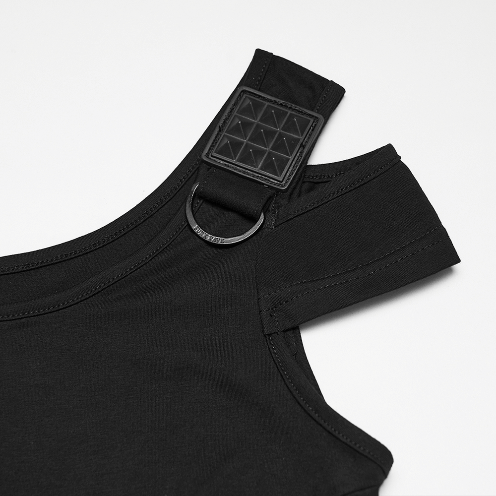 Cyberpunk Mesh Panel Short Sleeved T-Shirt for Women featuring unique shoulder buckle detail.