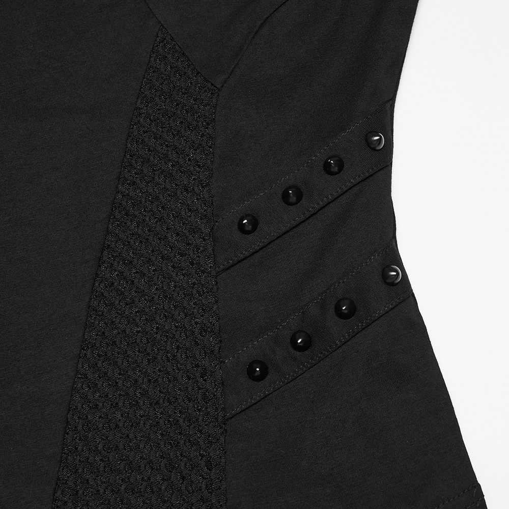 Close-up of Cyberpunk Mesh Panel Short Sleeved T-Shirt for Women showcasing textured mesh and rivet details.