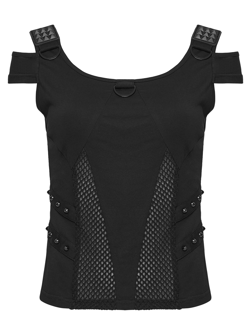 Cyberpunk Mesh Panel Short Sleeved T-Shirt for Women featuring buckles and breathable mesh in a bold design.