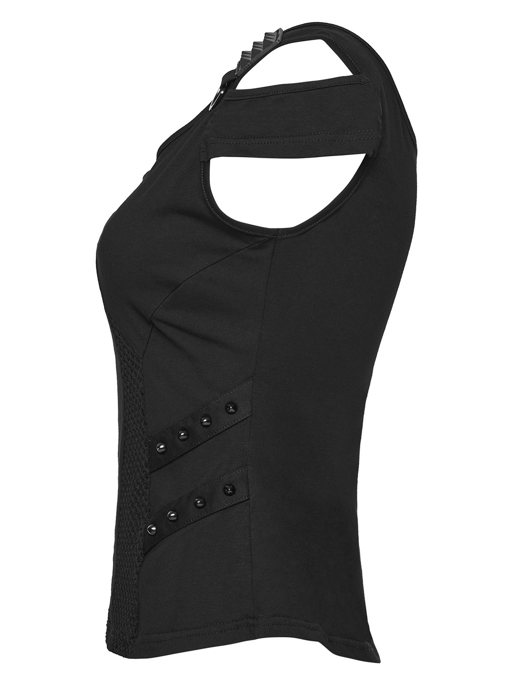 Cyberpunk Mesh Panel Short Sleeved T-Shirt for Women side view showing unique mesh and buckles design.