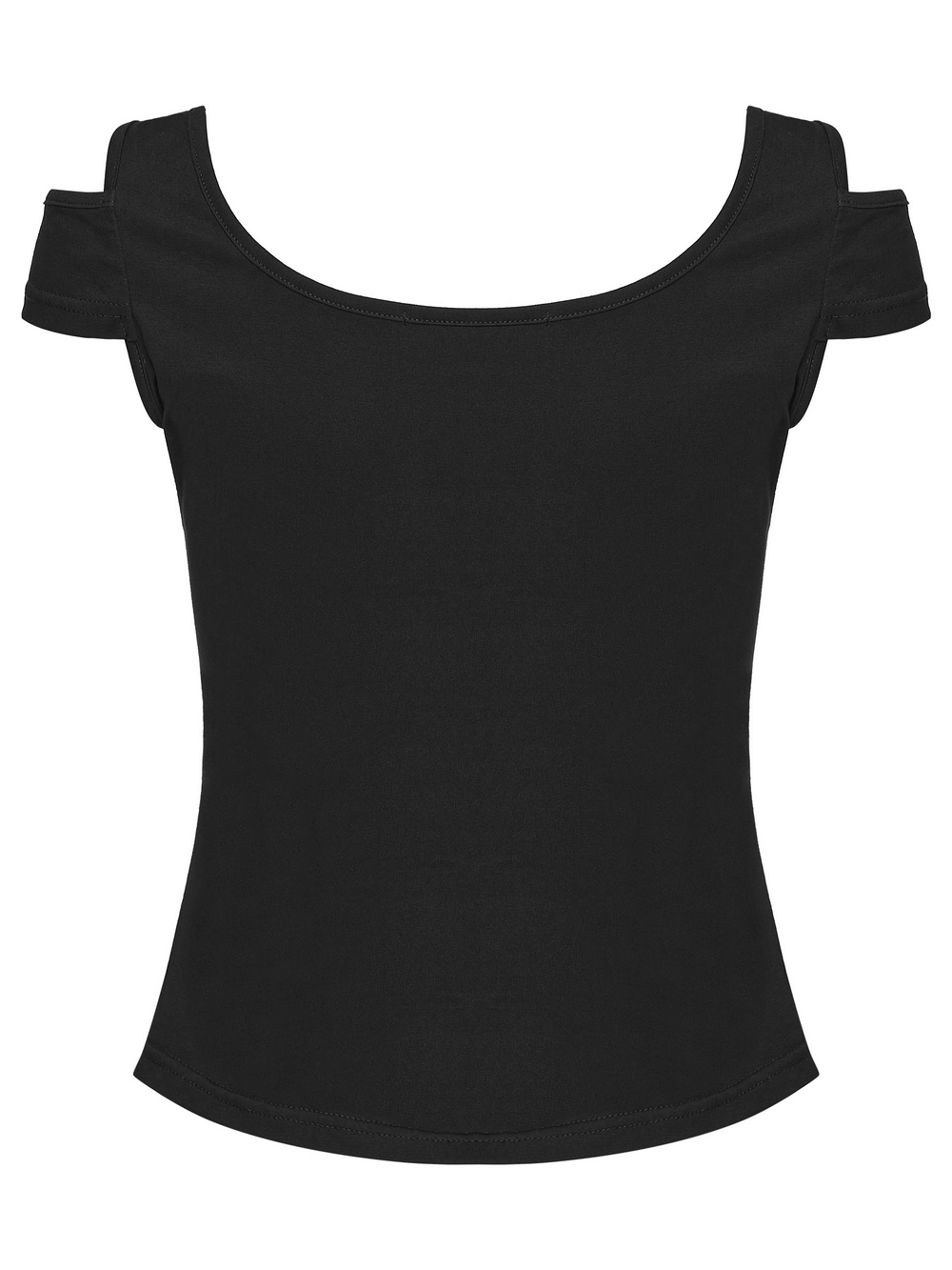 Cyberpunk Mesh Panel Short Sleeved T-Shirt for Women showing a sleek black design from the back with shoulder cutouts.
