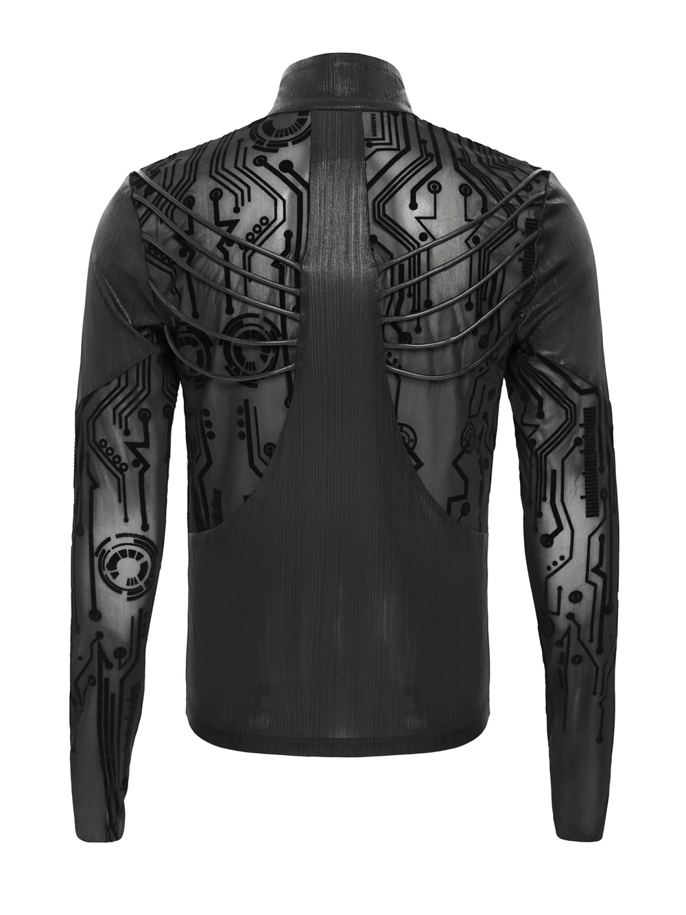 Cyberpunk Mesh Top with Futuristic Print and Zipper Neck showcasing transparent panels and geometric circuit patterns.