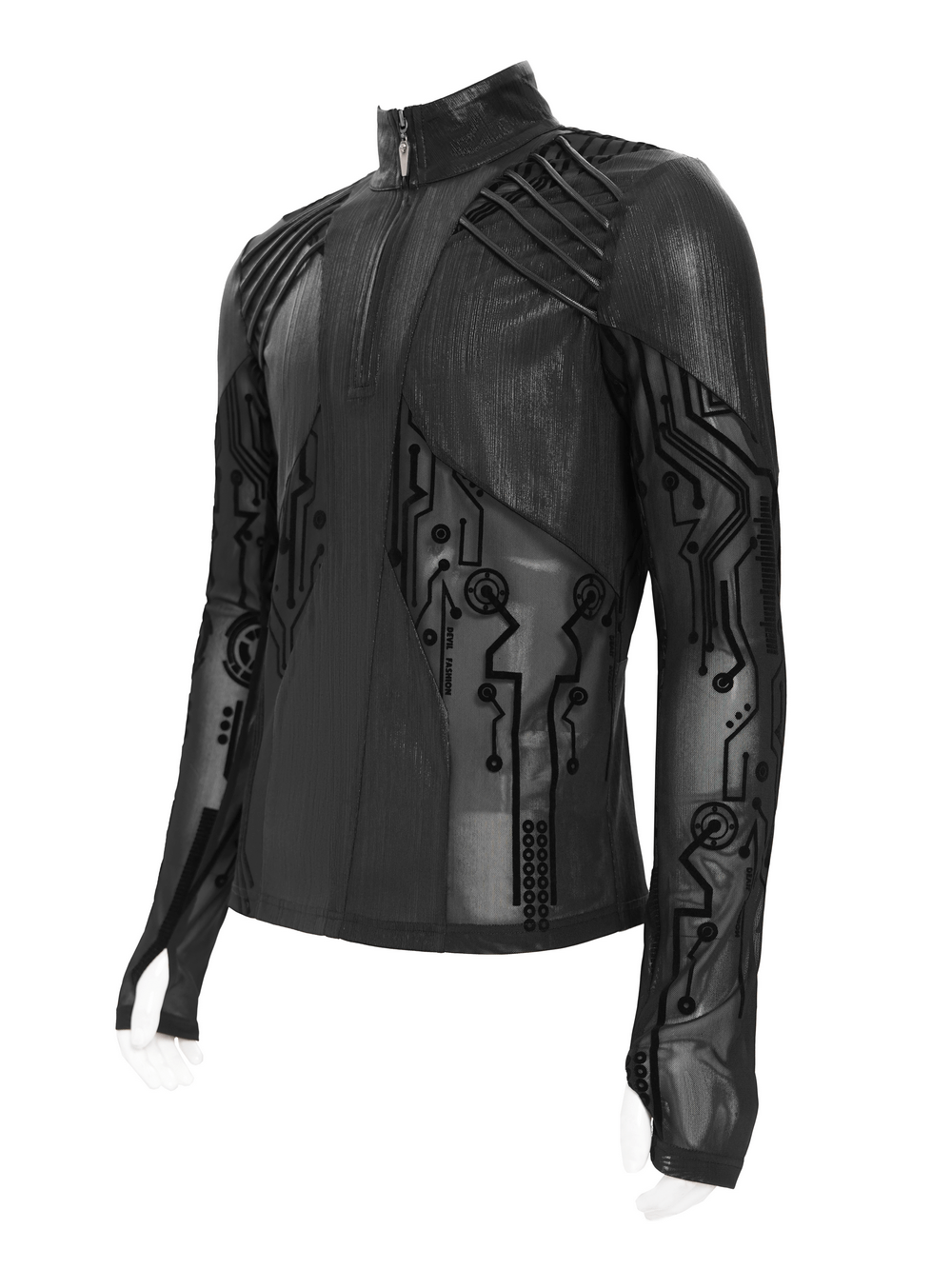 Cyberpunk Mesh Top with Futuristic Print and Zipper Neck - black techwear top with geometric circuit patterns and transparent panels.