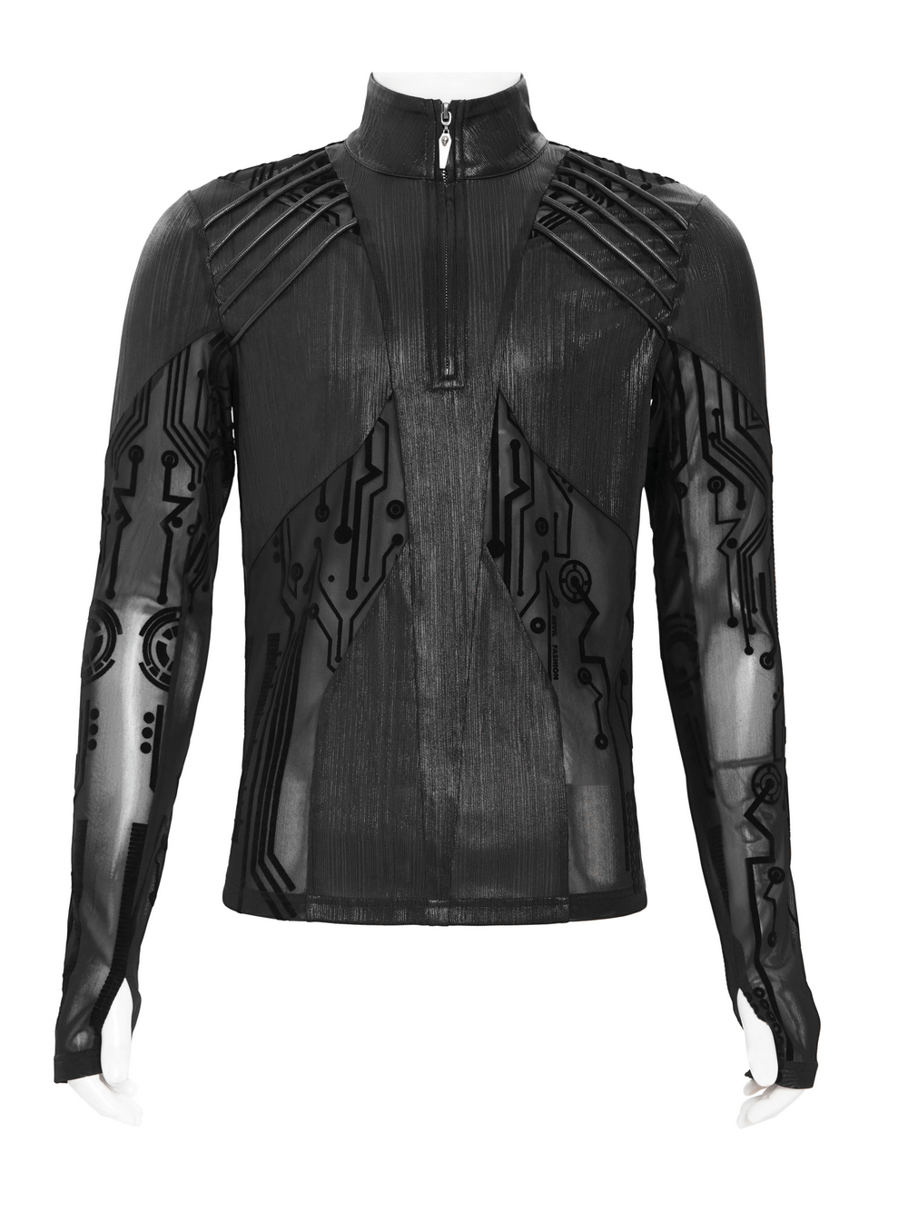 Cyberpunk Mesh Top with Futuristic Print and Zipper Neck showcasing transparent panels and circuit patterns.