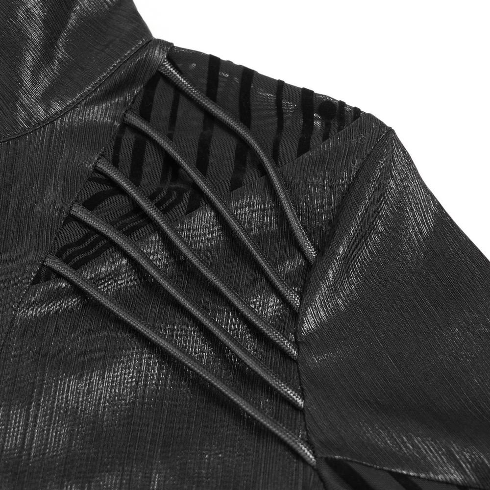Close-up of Cyberpunk Mesh Top with Futuristic Print and Zipper Neck showcasing layered shoulder accents and transparent panels.