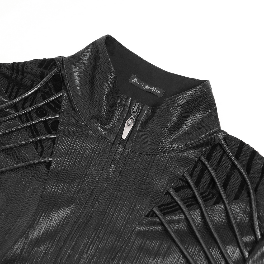 Cyberpunk Mesh Top with Futuristic Print and Zipper Neck featuring zippered neckline and geometric patterns.