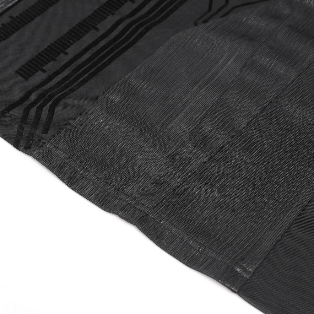 Cyberpunk Mesh Top with Futuristic Print and Zipper Neck featuring geometric circuit patterns and transparent panels.