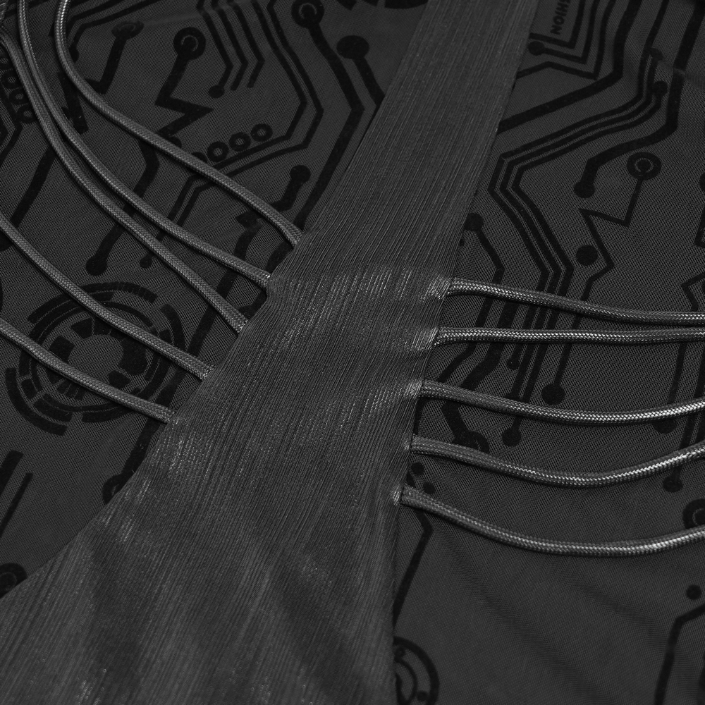 Cyberpunk Mesh Top with Futuristic Print and Zipper Neck featuring geometric circuit patterns and unique layering.