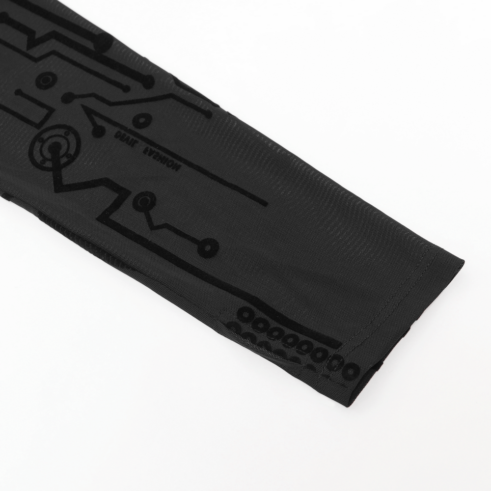 Cyberpunk Mesh Top with Futuristic Print and Zipper Neck sleeve featuring geometric circuit patterns