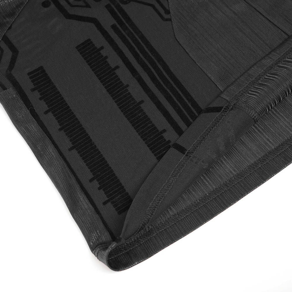 Close-up of Cyberpunk Mesh Top with Futuristic Print and Zipper Neck showcasing geometric circuit patterns and transparent panels.