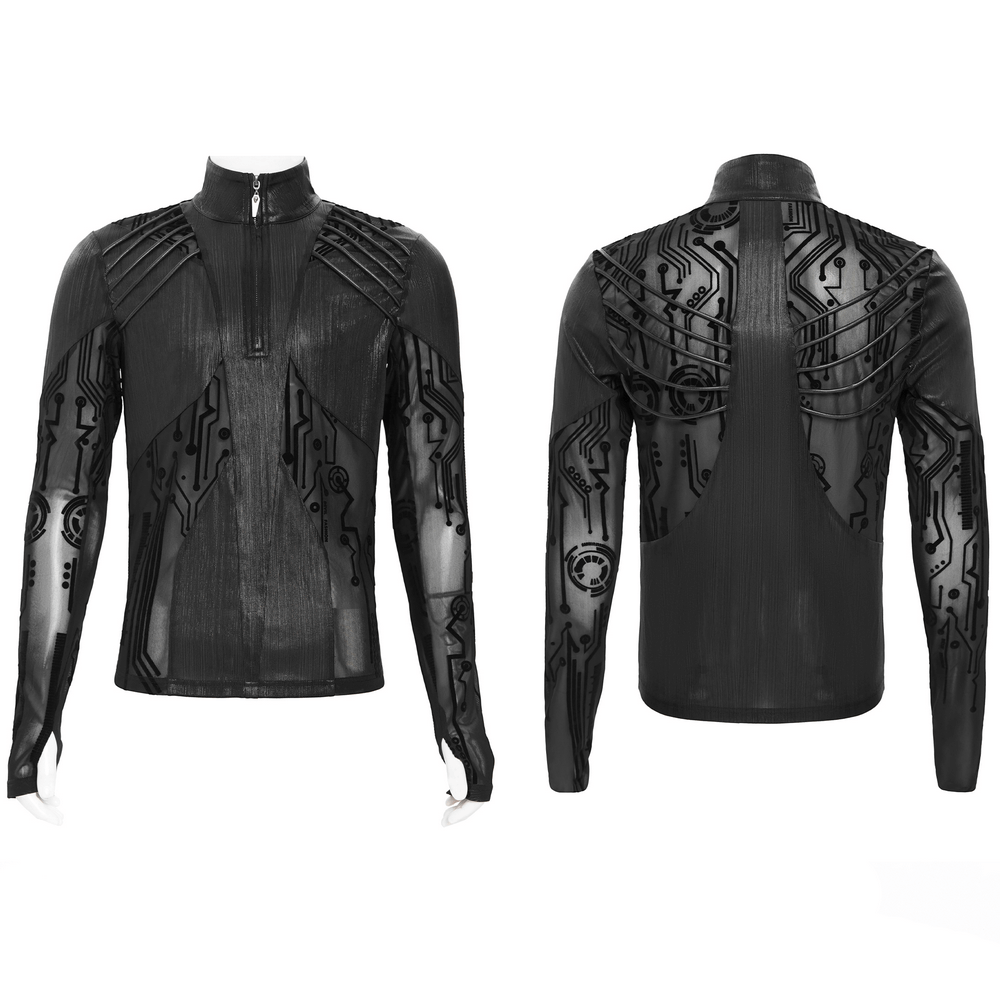 Cyberpunk Mesh Top with Futuristic Print and Zipper Neck featuring transparent panels and geometric patterns.