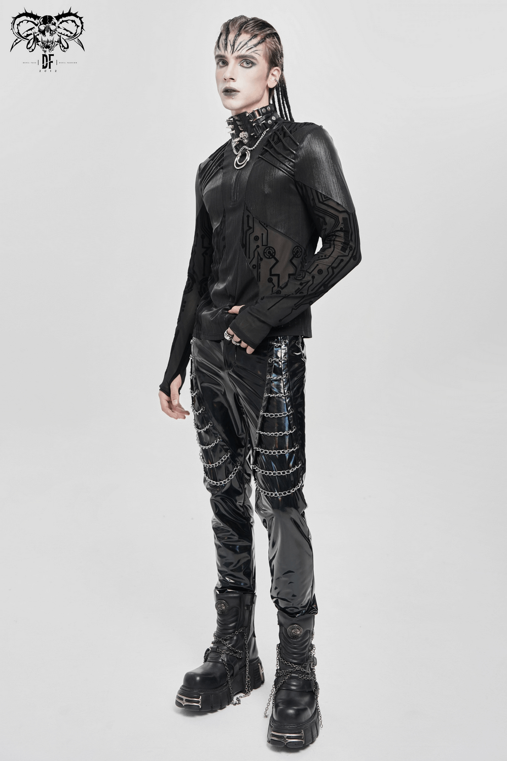 Cyberpunk Mesh Top with Futuristic Print and Zipper Neck - Stylish men's techwear featuring geometric patterns and fitted design.