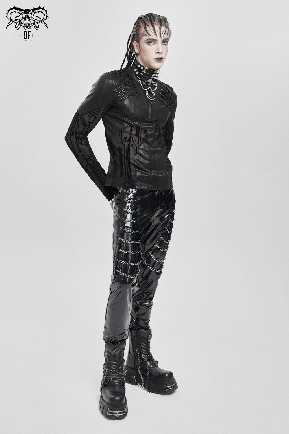 Cyberpunk Mesh Top with Futuristic Print and Zipper Neck worn by model in shiny black pants and edgy accessories