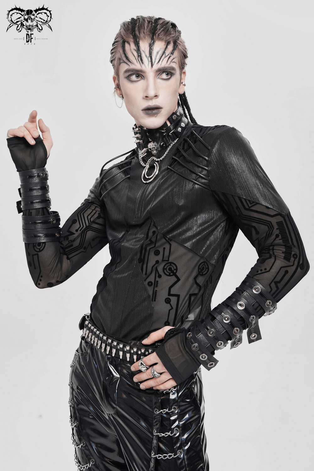 Cyberpunk Mesh Top with Futuristic Print and Zipper Neck worn by model showcasing techwear aesthetic and geometric patterns.