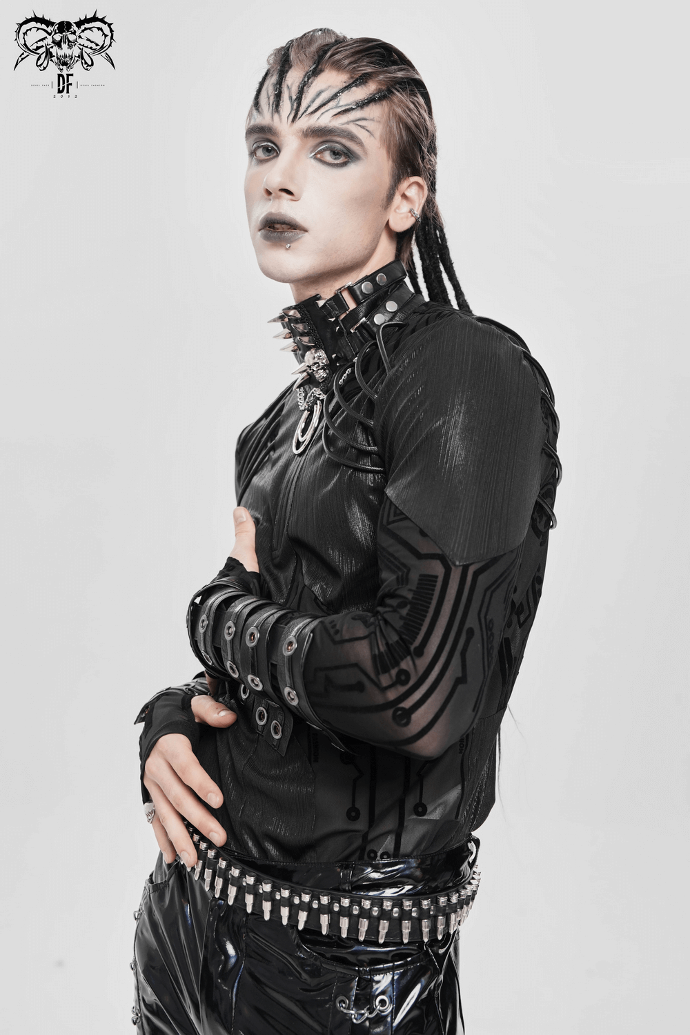 Cyberpunk Mesh Top with Futuristic Print and Zipper Neck worn by model with edgy makeup and accessories.