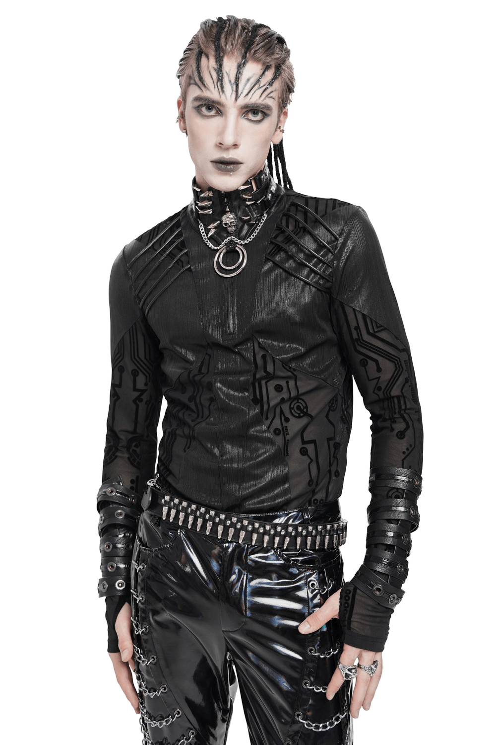 Cyberpunk Mesh Top with Futuristic Print and Zipper Neck worn by a model in a stylish goth outfit.