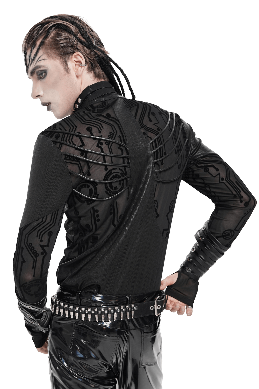 Cyberpunk Mesh Top with Futuristic Print and Zipper Neck showcasing geometric designs and transparent panels.