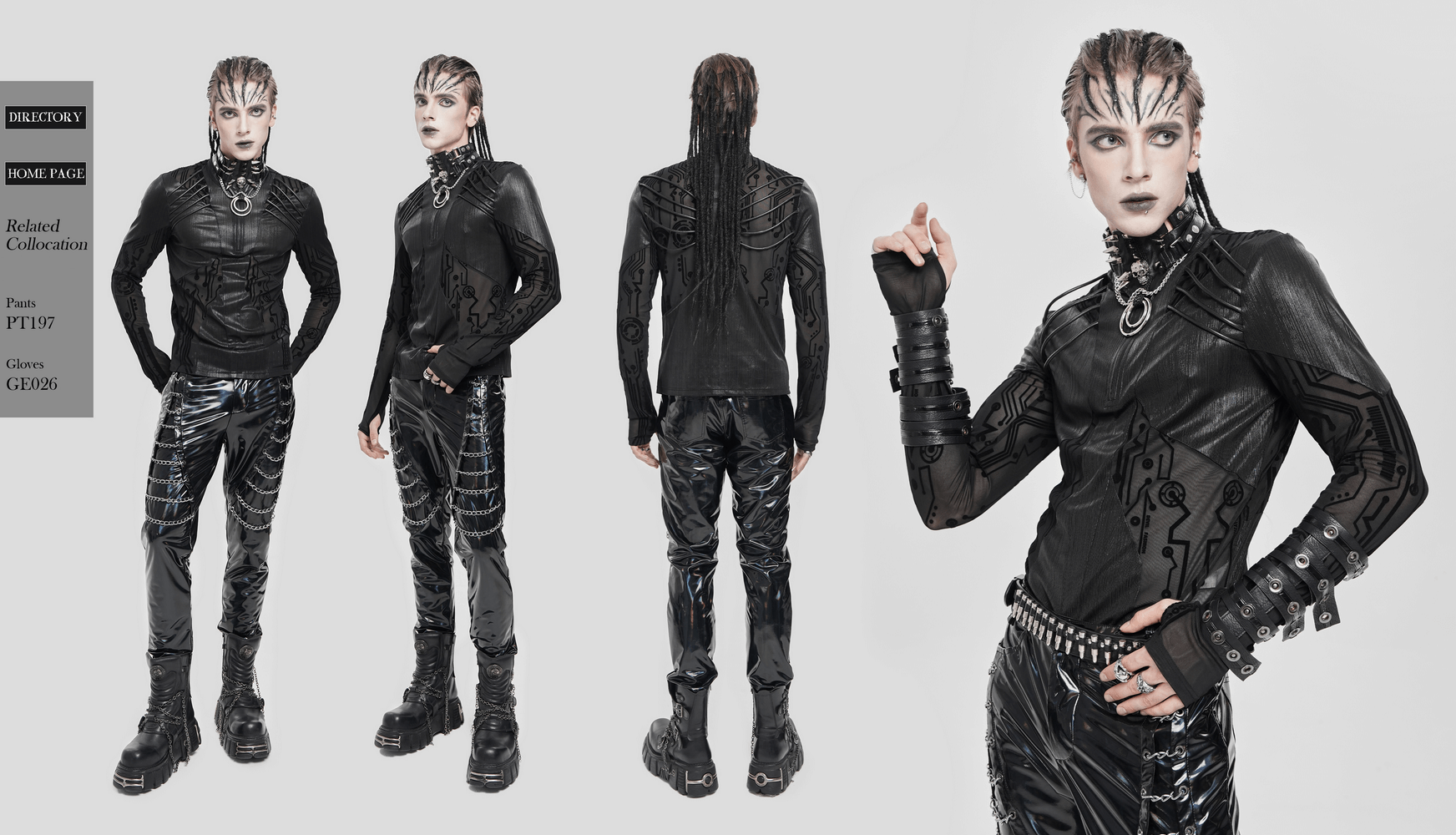 Cyberpunk Mesh Top with Futuristic Print and Zipper Neck worn by model, showcasing transparent panels and geometric design.