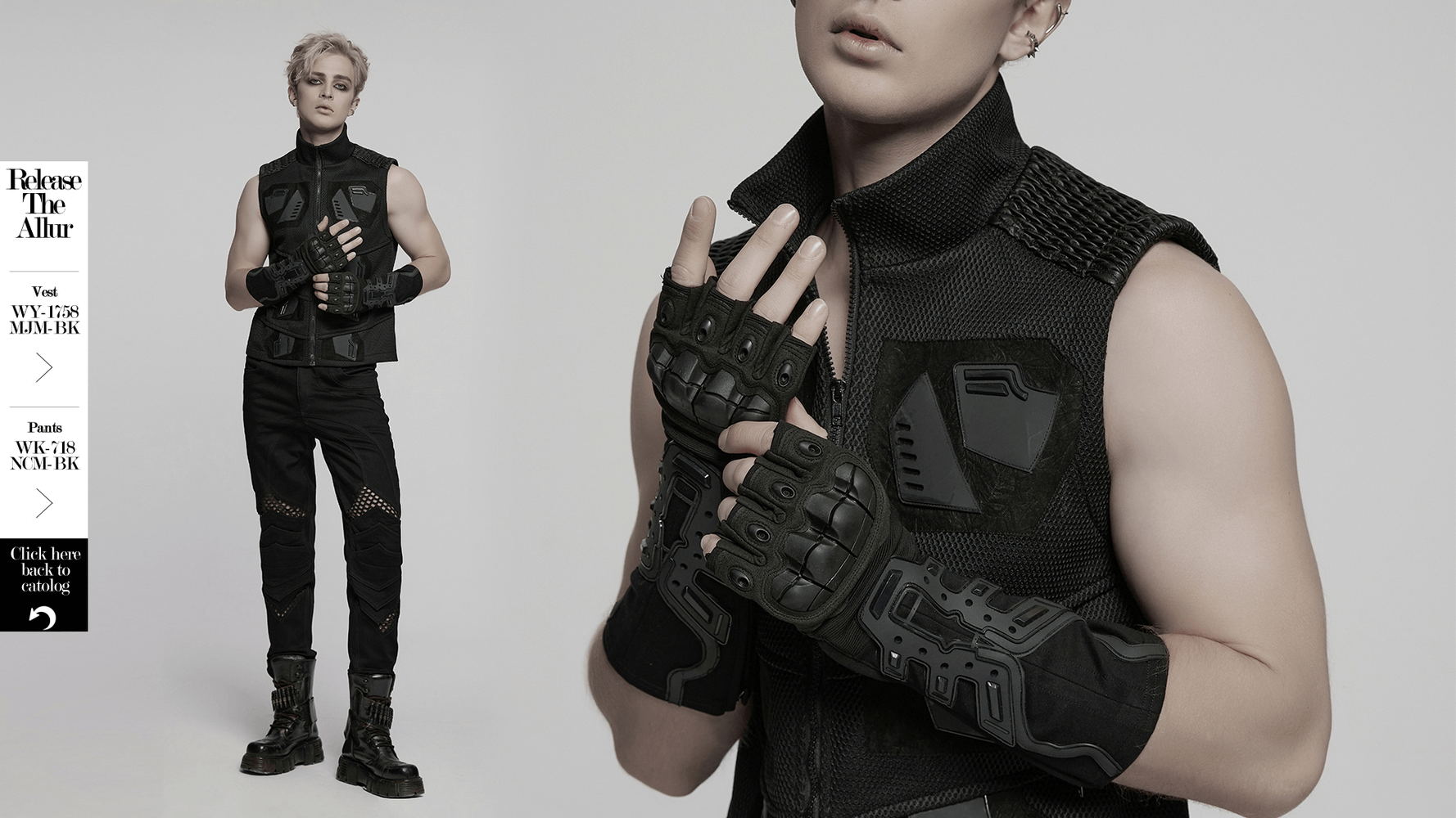 Futuristic Cyberpunk gloves with rubber armor pads and stylish black outfit for a bold look.