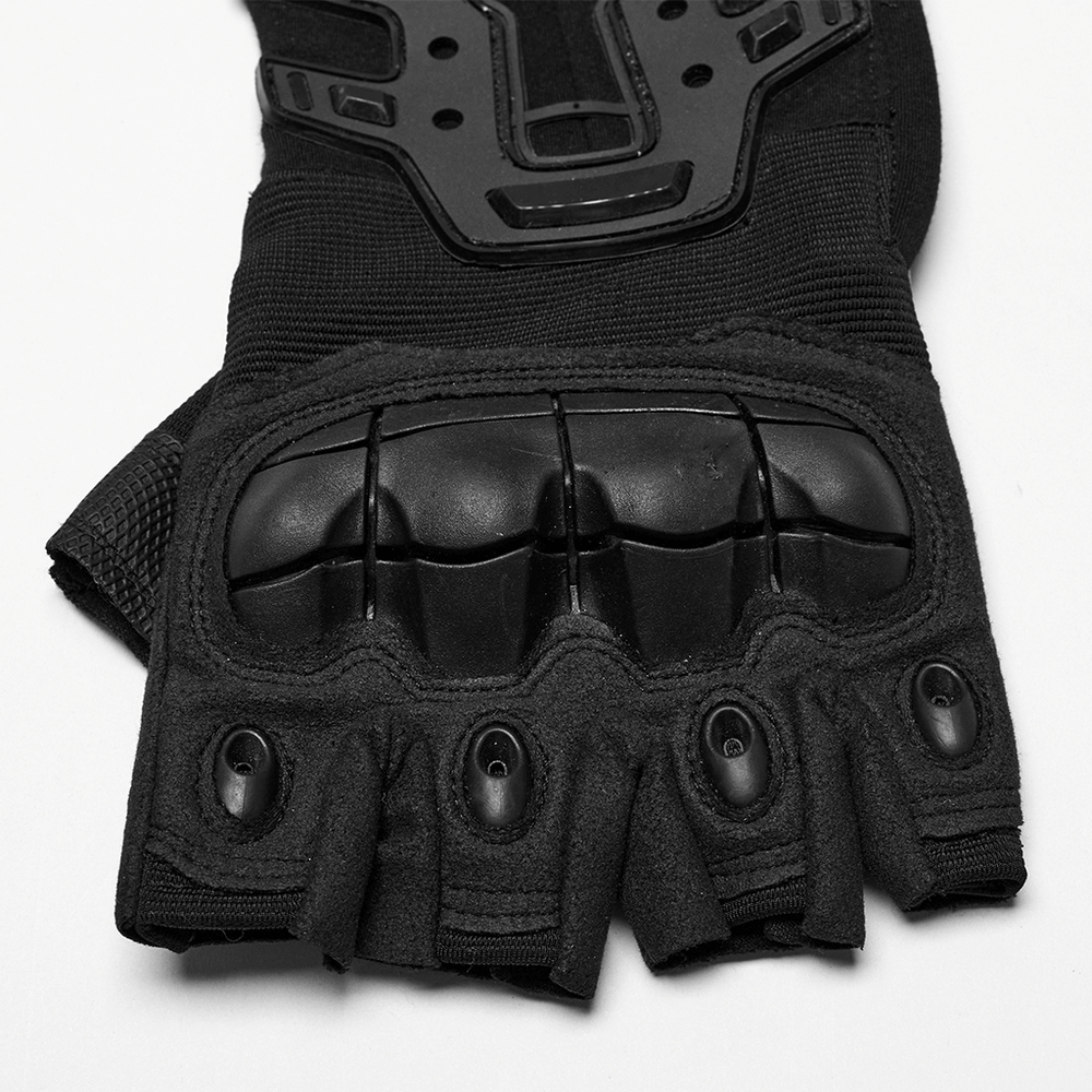 Close-up of cyberpunk protective glove showcasing black rubber armor pads and durable knitted fabric.