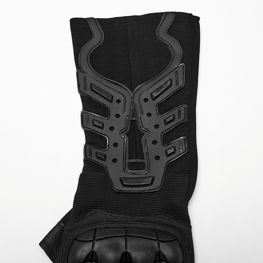 Close-up of cyberpunk protective glove with black rubber armor pads and elastic fabric for ultimate wrist protection.