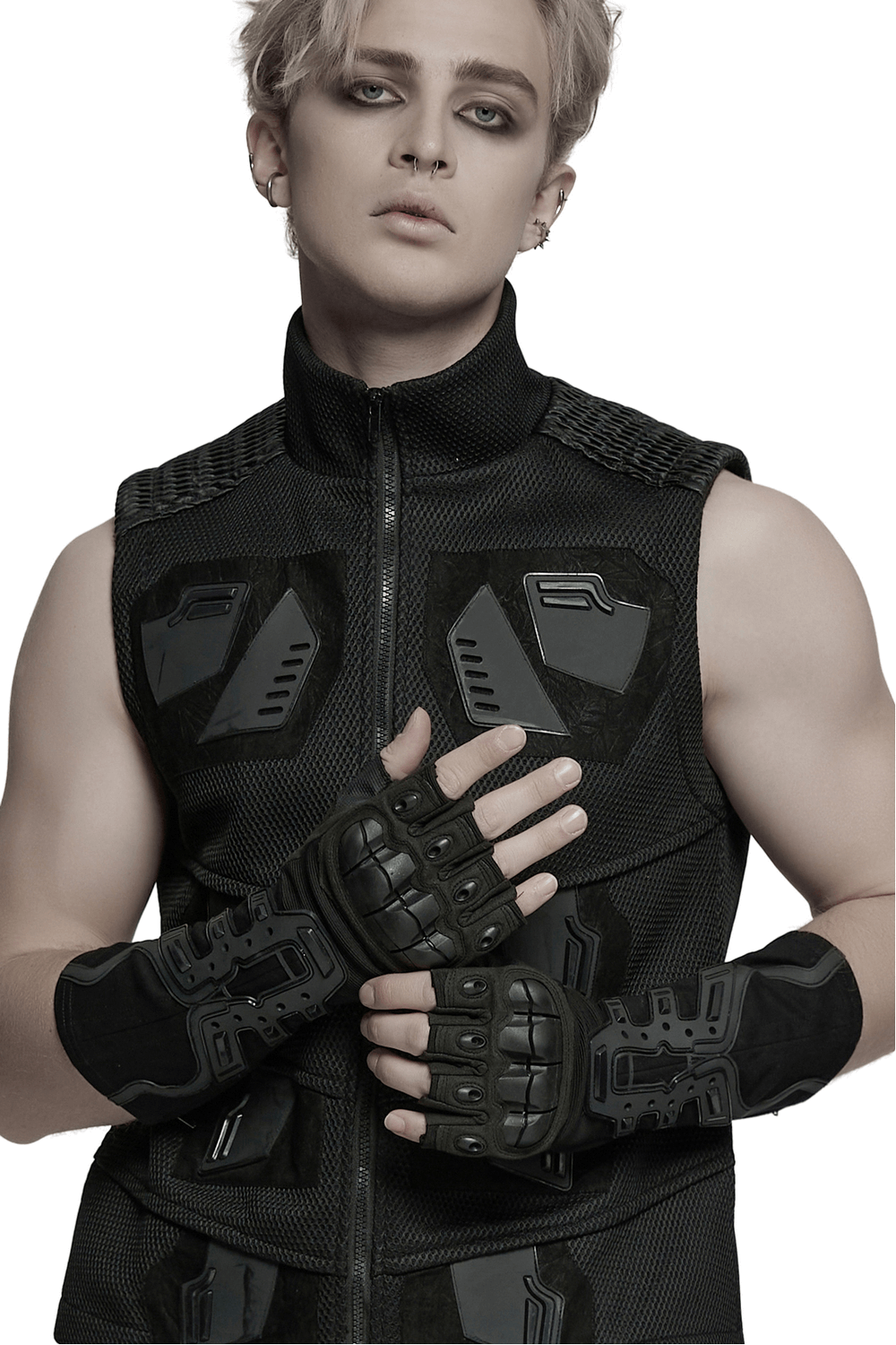 Cyberpunk-style gloves with rubber armor pads and edgy fashion vest, perfect blend of bold design and functionality.
