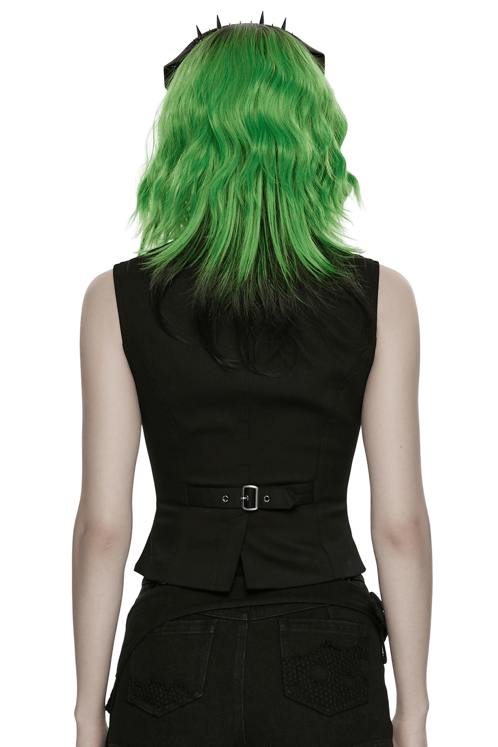 Back view of model wearing Cyberpunk Punk Gothic Vest with Zipper and Metal and green hair.