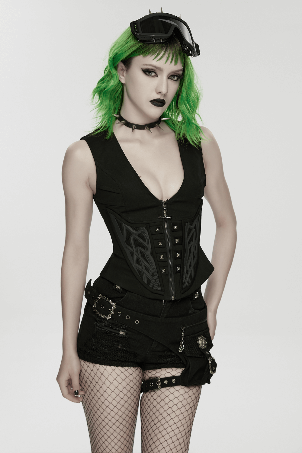 Cyberpunk Punk Gothic Vest with Zipper and Metal worn by a model with green hair and edgy accessories.