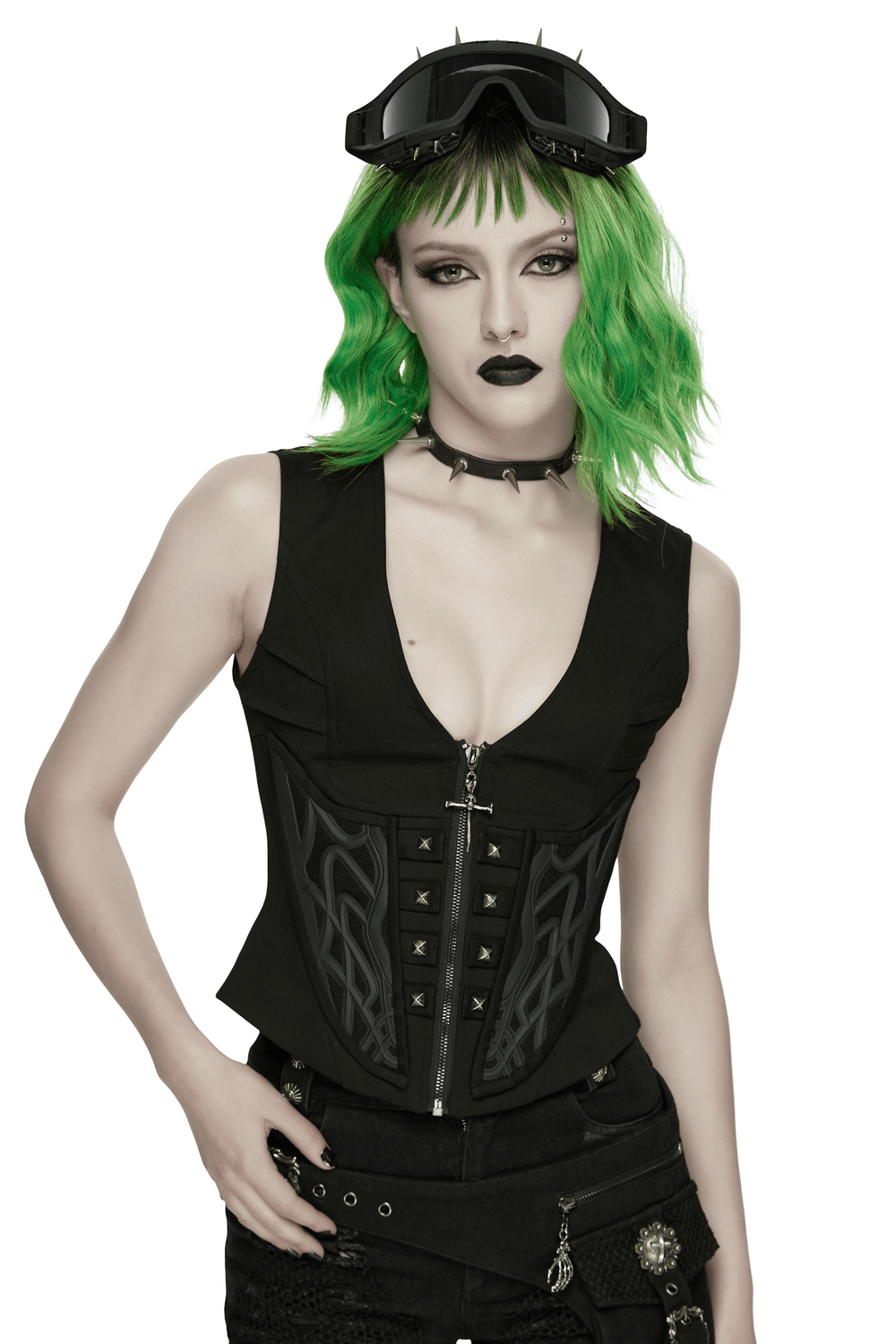 Cyberpunk Punk Gothic Vest with Zipper and Metal worn by a model with green hair and edgy accessories.